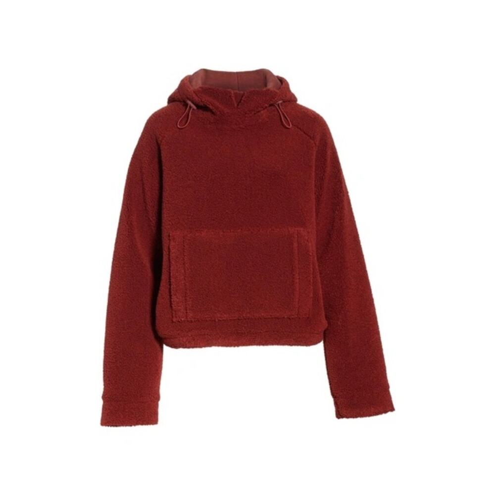 Vince Cozy Pullover Hoodie Small Red Maroon Faux Sherpa Teddy Cropped Sweatshirt - Picture 2 of 16